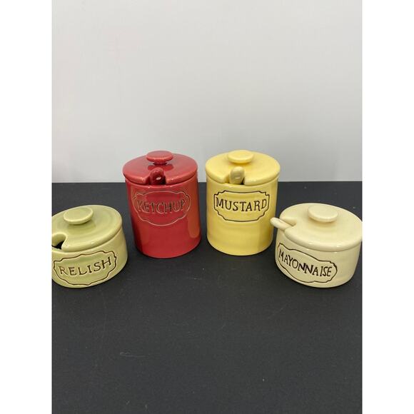 Pottery Barn Condiment Set Ceramic Vintage Style Ketchup Mustard Mayo Relish - Picture 1 of 7